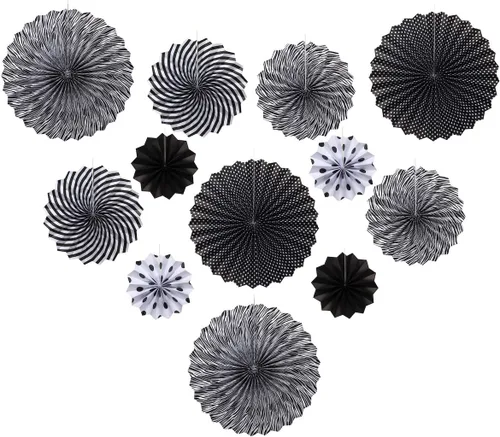Vista 3 de ONUPGO Paper Fans - Juego de abanicos de papel para colgar en fiestas, color negro, 12 unidades, decoración de fiesta mexicana, pancarta colgante