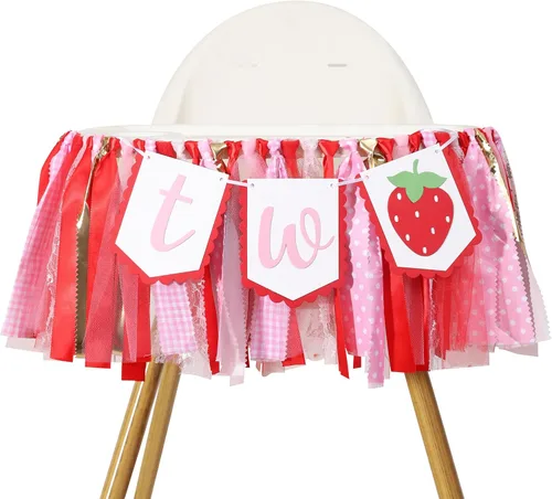 Vista 10 de Decoraciones de fiesta de fresa para primer cumpleaños, cartel de fresa para silla de bebé para accesorios de cabina de fotos y telón de fondo