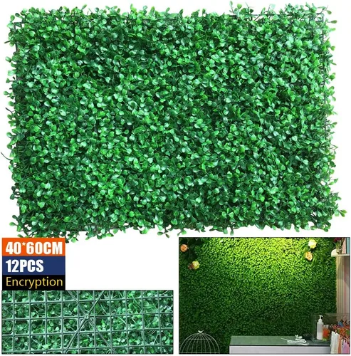 Vista 8 de 12 paneles de pared de plantas artificiales, tapete de boj artificial para pared, telón de fondo de pared de seto artificial, panel de valla