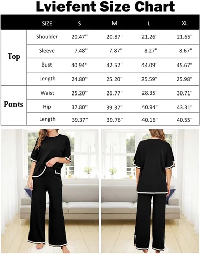 Vista 5 de Lviefent Conjunto de 2 piezas para mujer, suéter de punto de manga corta, pantalones de pierna ancha, sudadera