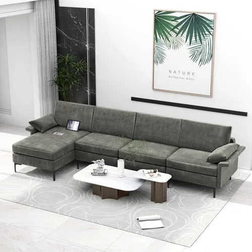 Vista 7 de KOMFOTT Sofá modular convertible extragrande de 130.5 pulgadas, sofá modular de 4 asientos en forma de L con diván reversible, salidas de 3 agujeros