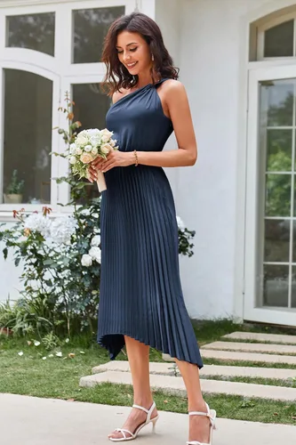 Vista 6 de GRACE KARIN Vestido de satén de verano 2023 con un hombro descubierto para mujer, sin mangas, plisado, vestido midi sexy de cóctel