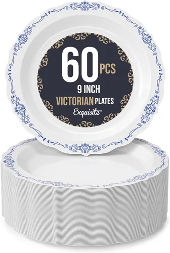 Vista 7 de SIZENAME - Platos de plástico desechables, diseño victoriano de calidad premium, color crema, para fiestas y bodas, 60