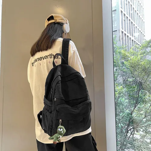 Vista 6 de Mochila de lona para laptop, mochila de viaje estética retro vintage para mujeres y hombres (negro)