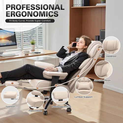 Vista 3 de BestGlory Silla de escritorio de oficina, silla grande y alta de cuero para juegos con reposapiés, amplia, ergonómica, cómoda, silla ejecutiva