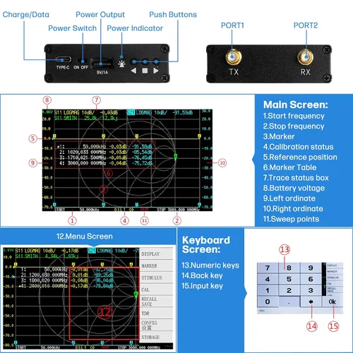 Vista 9 de AURSINC Analizador de Red Vectorial NanoVNA-F V2 Actualizado 50KHz-3GHz HF VHF UHF, Analizador de Antena VNA, Pantalla Táctil de 4.3 Pulgadas