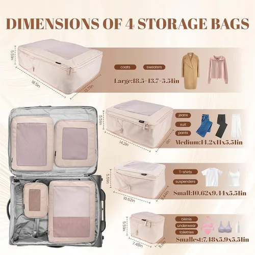 Vista 3 de Juego de bolsas organizadoras de almacenamiento transparentes, paquete de 4 cubos de embalaje de viaje con ventana, color beige, Rosado, Juego de 4