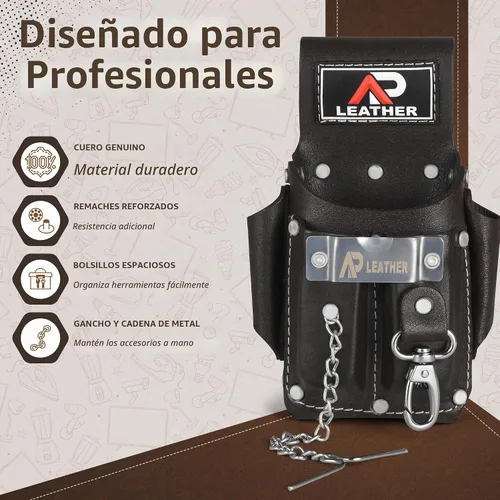 Vista 5 de Ap-Leather Pro-5 Electrician Pouch, Leather Tool Pouch, 5 Pocket Pouch with Electrical Tape Holder, Durable Compartments, Tool Pouch with Belt Clip