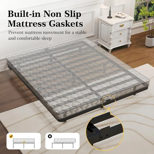 Vista 5 de Base de cama flotante con luces LED y estación de carga - Base de cama moderna de plataforma metálica con juntas de colchón - Libre de ruido,