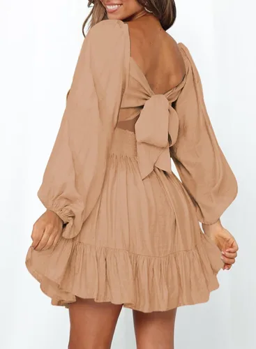 Vista 2 de Dakotto - Vestido de manga larga tipo farol para mujer cuello cuadrado, espalda descubierta con lazo sexy vestido acampanado con volantes y cintura