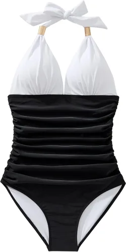 Vista 44 de RXRXCOCO - Traje de baño fruncido de una pieza, con cuello en V, para mujer, con control de abdomen y cuello halter