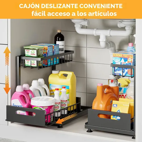 Vista 9 de Saydear Organizador de almacenamiento para debajo del fregadero, organizador de armario de cocina extraíble de 2 niveles con cajón deslizante, Negro