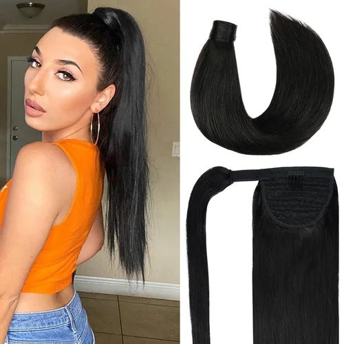 Vista 9 de Extensión de cola de caballo de cabello humano #4 marrón chocolate 100% Remy, extensión de cola de caballo recta envolvente alrededor de colas