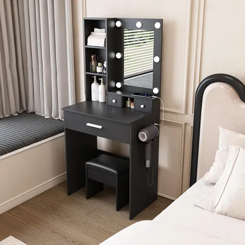 Vista 3 de Escritorio de tocador de 7 bombillas con espejo y luces LED ajustables, mesa de maquillaje de 23.62 pulgadas con toma de corriente y taburete