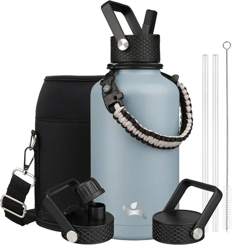 Vista 121 de Konokyo - Botella de agua aislada de 18 onzas, botellas deportivas de acero inoxidable con 3 tapas, verde militar