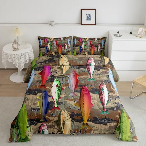 Vista 15 de Erosebridal Juego de ropa de cama de pesca tamaño individual, juego de edredón de peces coloridos para niños, adolescentes, hombres, pescadores
