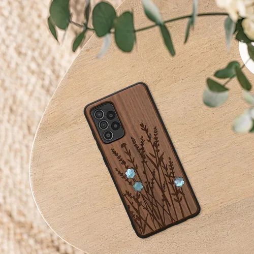 Vista 6 de kwmobile Funda de madera compatible con Samsung Galaxy A52 / A52 5G / A52s 5G - Funda - Funda - Flores silvestres perla marrón oscuro