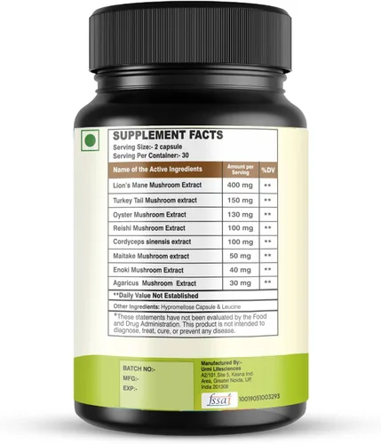 Vista 8 de Suplemento complejo de hongos 8 en 1 con cola de pavo de melena de león Reishi Cordyceps Apoyo inmunológico para la salud del cerebro Cápsulas