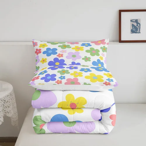 Vista 5 de Lindo juego de edredón de flores para niños y mujeres. Juego de ropa de cama de flores coloridas de dibujos animados, tamaño individual, bonito