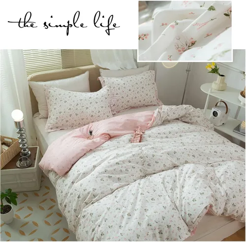 Vista 7 de Juego de funda de edredón con diseño floral, tamaño individual, color rosa y blanco, estampado de flores, estilo jardín, de algodón, estético
