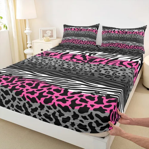 Vista 10 de Sábana bajera ajustable con estampado de leopardo, tamaño individual, juego de ropa de cama rústica con rayas de piel de cebra, decoración