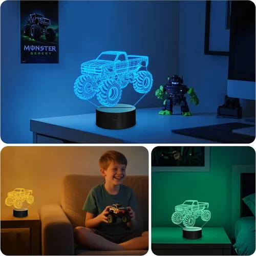 Vista 4 de Luces nocturnas 3D para niños, lámpara nocturna para niños, camiones monstruo para niños, 16 colores LED que cambian de iluminación, iluminación