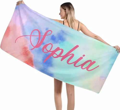 Vista 26 de MyPupSocks Toallas de playa para niñas, toallas personalizadas de teñido anudado con nombres para niños y adultos, toallas de playa personalizadas