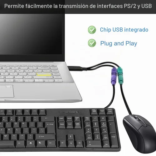 Vista 3 de Adaptador PS/2 a USB, cable adaptador de teclado y ratón, PS/2 hembra a USB A macho con chip, 2 cables convertidores 2 en 1 PS-2 a USB 2.0 Negro