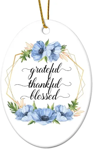 Vista 11 de Adornos de Navidad con cita de corona de flores, adorno ovalado de porcelana de Grateful Thankful Blesed, decoración de árbol de Navidad, regalos