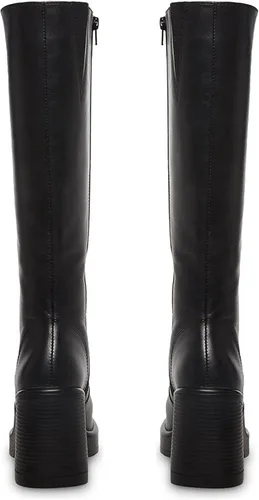 Vista 4 de SOVANYOU Botas de cuero negro Botines de plataforma para mujer Botas de tacón cuadrado con plataforma Botas de tacón grueso con punta cuadrada Botas