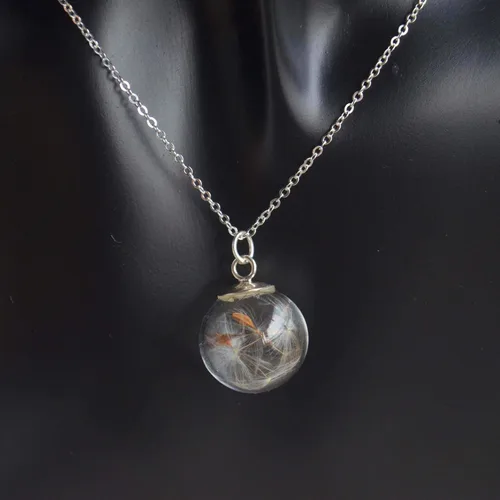 Vista 5 de Collar de cadena de plata de ley 925 con colgante de bola de cristal de flor real de diente de león Make a Wish para mujer, hecho a mano