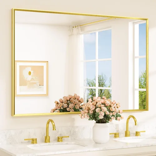 Vista 47 de TETOTE Espejo de baño dorado cepillado de 20" x 30", espejo de tocador de baño rectangular de latón dorado cepillado con marco biselado para sobre