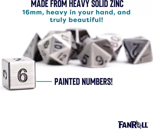 Vista 5 de FanRoll - Juego de dados poliédricos de metal de 0.630 in, plata antigua, dados de juego de rol para Calabozos y Dragones