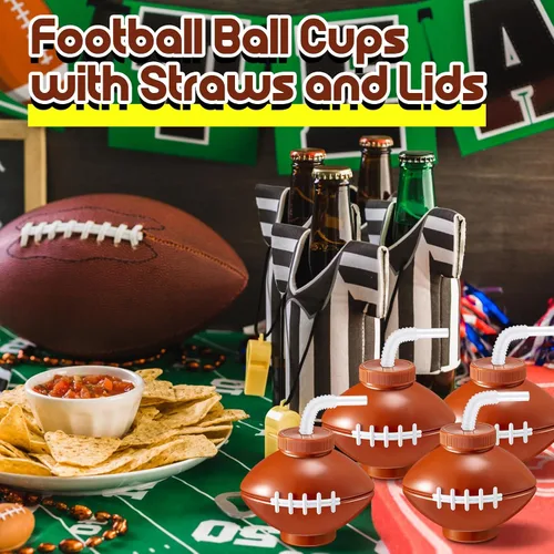 Vista 5 de Mumufy 24 tazas de pelota de fútbol con pajitas y tapas, de plástico de 12 onzas, reutilizables, suaves, para fiestas de fútbol, suministros