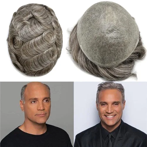 Vista 30 de Pieza de pelo para hombre, sistema de reemplazo de cabello de piel ultra fina para hombres, pieza de pelo de tupé para hombres, cabello humano real