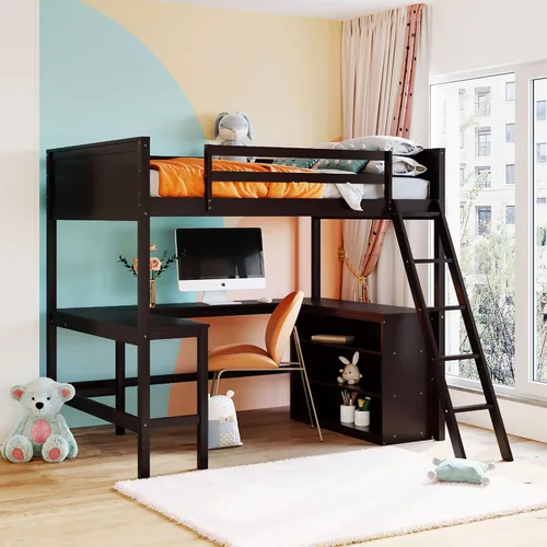 Vista 32 de Cama loft de madera tamaño matrimonial con escritorio en forma de U y espejo de tres pliegues, base de cama tipo loft multifunción con Espresso-10.16