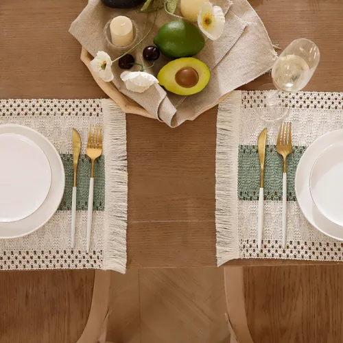 Vista 6 de Juego de 4 manteles individuales verdes de macramé para decoración de mesa con flecos, manteles individuales tejidos de arpillera natural para mesa