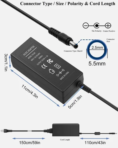Vista 2 de Fuente de alimentación regulada DC 24V 5A, adaptador de CA 100-240V 50-60Hz a CC 24 voltios 5 amperios, cable adaptador de corriente con conector