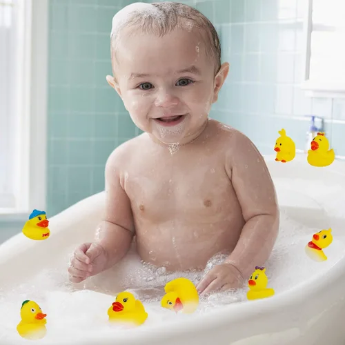 Vista 6 de Juego de 15 patos de goma de juguete de baño, 2 pulgadas, juego de pato flotante de goma chirriante para baby shower, bañera y piscina