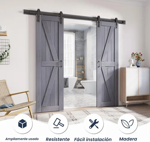Vista 2 de FREDBECK Puertas dobles grises de 24 x 84 pulgadas, puerta de granero de 48 pulgadas con kit de herrajes para puerta de granero de 8 pies incluido