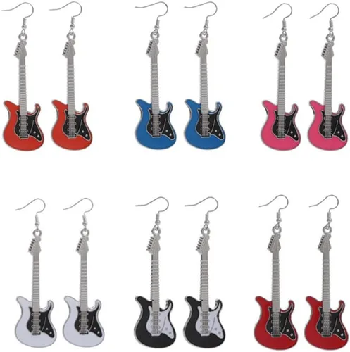 Vista 3 de Caiyao Aretes colgantes de metal punk negro y blanco para guitarra eléctrica, para mujeres y niñas, amantes de la música rock, profesores