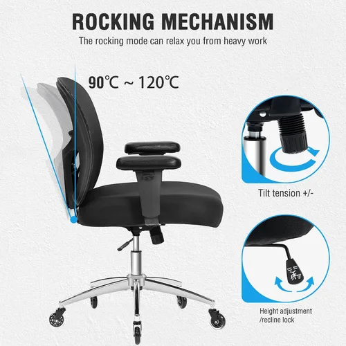 Vista 9 de Silla de oficina grande y alta de 600 libras, silla de malla ergonómica resistente, silla de escritorio ejecutiva para computadora con asiento ancho