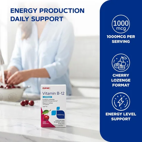 Vista 3 de GNC Vitamina B-12 1000mcg, Cereza, Apoyo Energético, 60 Pastillas Supports Energy Production and Red Blood Cell Formation, Helps Maintain Healthy