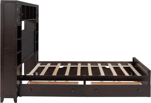 Vista 9 de Versátil cama de plataforma de madera tamaño Queen con armario y nido todo en uno, estante y enchufes, para niños, adolescentes y adultos, uso
