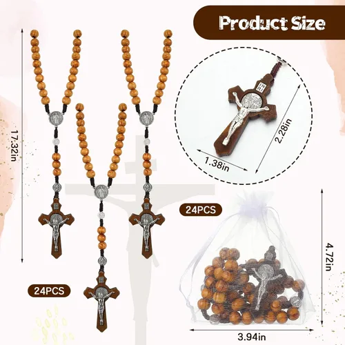 Vista 2 de Juego de 24 collares de rosario de cuentas de madera tallada con rosario católico con cruz de Jesús, cuentas de rosario de madera maciza con bolsa