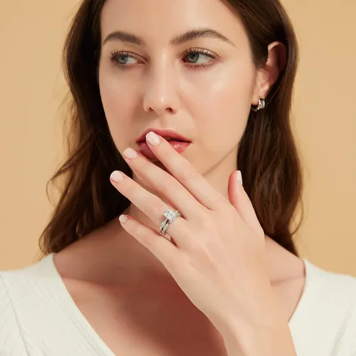 Vista 4 de Mameloly Juego de anillos de boda de 2 quilates para mujer, corte princesa, anillos de compromiso de circonita cúbica, anillos de compromiso