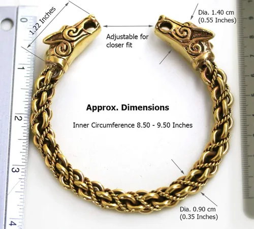 Vista 6 de Brazalete de bronce vikingo nórdico con cabeza de lobo trenzada, diseño de cabeza de lobo