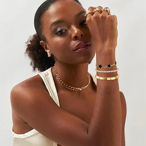 Vista 2 de Pulseras de oro para mujer - 4 piezas/3 piezas, juego de pulseras de tenis de 18K de oro chapado, elegantes pulseras de oro no manchadas de acero