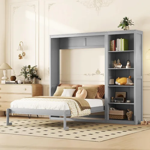 Vista 17 de Cama Murphy de tamaño matrimonial con armario de almacenamiento, ropa y 3 Blanco
