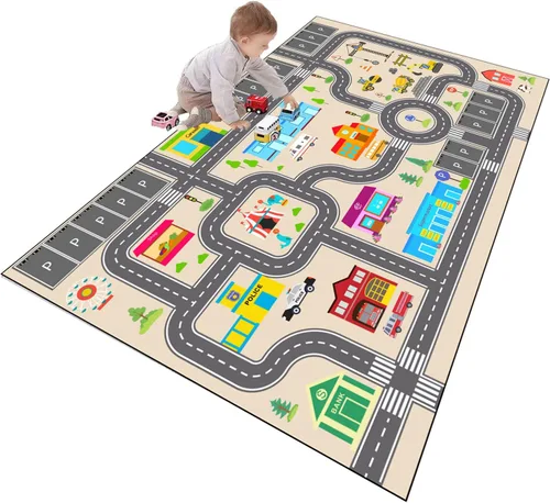 Vista 13 de Alfombra de juego para niños para autos de juguete, alfombra educativa de tráfico por carretera, alfombra de diviértete , alfombra antideslizante
